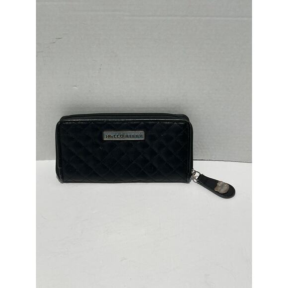 Hello Kitty Sanrio Black Wallet Red Lining HK Print Quilted Ladies Logo Zip Pull - Picture 1 of 9